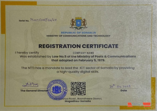 Somalia Registration Certificate